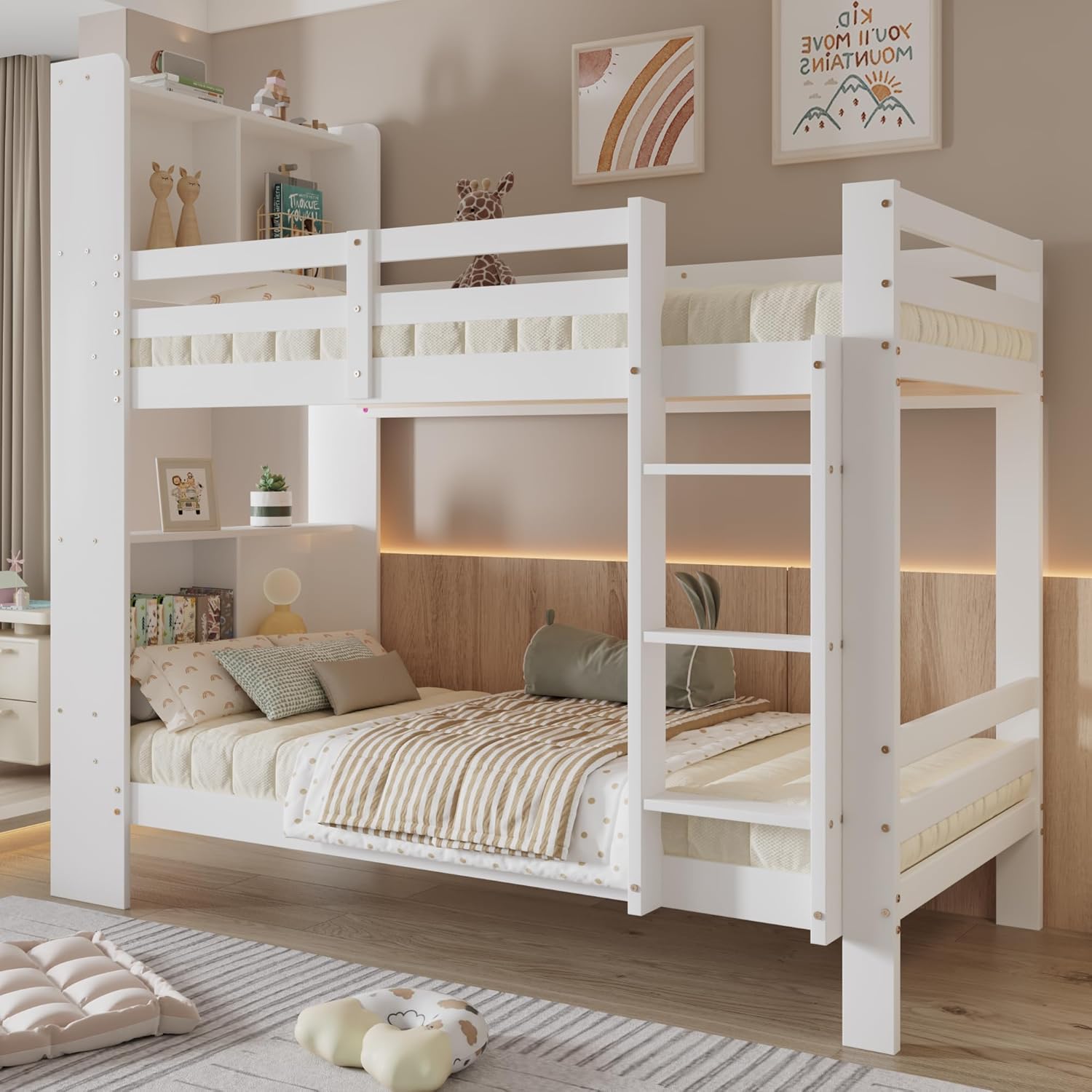 Kinderbett 90 × 200 mit Regalen und Leiter, 217 × 98 × 173 cm, Stockbett Hochbett Jugendhochbett mit Stauraum und Lattenrost