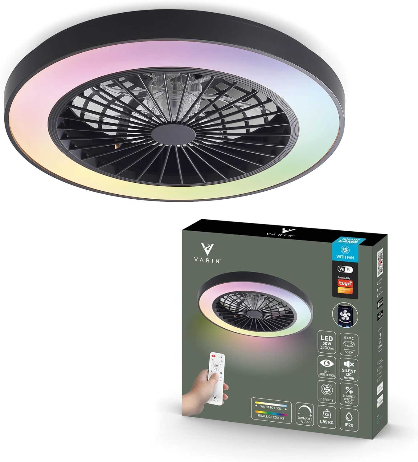 Varin Smart Deckenventilator, LED 30 W RGBW, Ø 50 cm, 55 dB, Tuya WLAN, Fernbedienung, App-Steuerung, Timer, 3000K bis 6000K