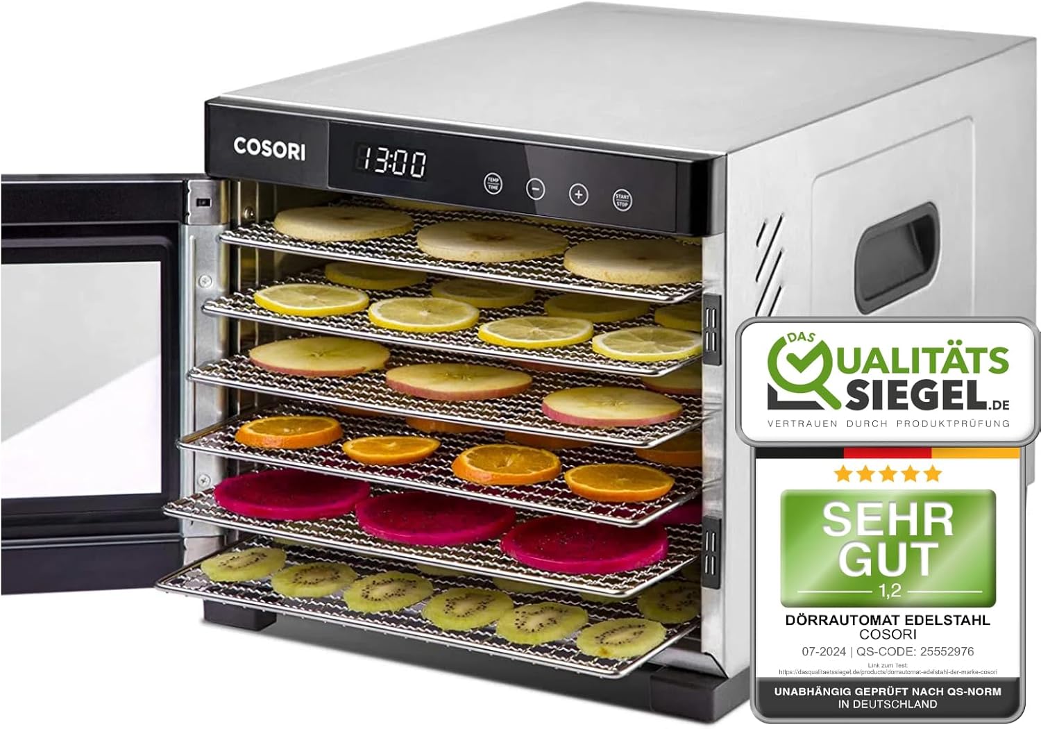 COSORI Dörrautomat edelstahl Tisch, LED-Display (35 -75 C) und 650 W, 48 dB, 6 Edelstahl-Dörrtabletts, Food Dehydrator mit 50 Rezepte, 3 Dörrgitter