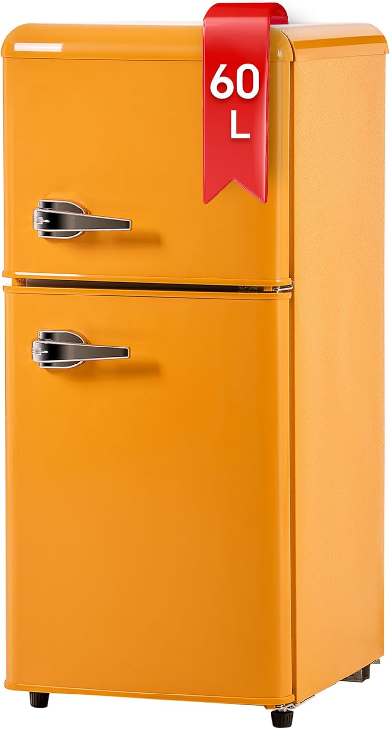 DRIXNO Retro-Kühlschrank, 45,5 cm breit, 60 Liter Gesamtvolumen, 22 Liter Gefriervolumen. 163 kWh/Jahr, 46 dB, 38 Liter, LED-Licht, LED-Beleuchtung