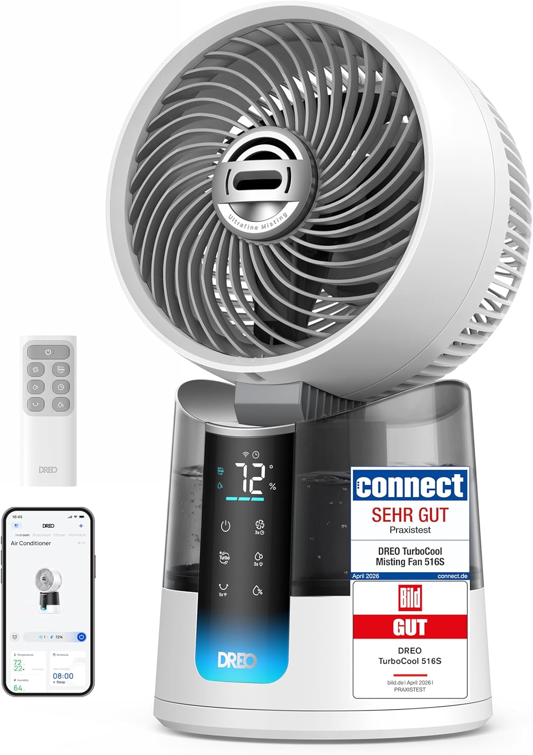 DREO TurboCool Nebelventilator 516S, 20 dB leise, 1,3 L, Tischventilator mit 150 +30 Oszillation, App- & Fernbedienung, App-Steuerung, 7.9 m/s
