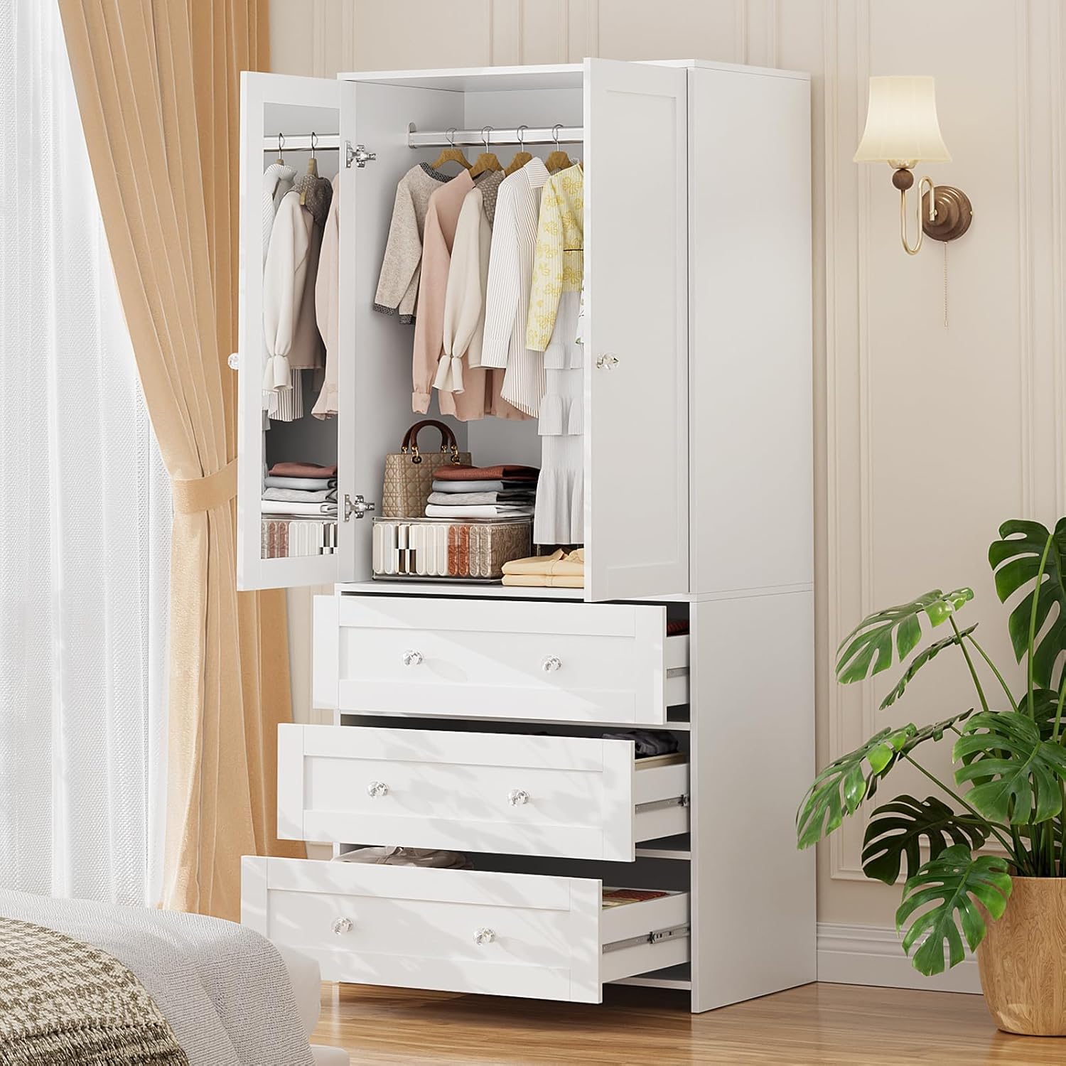 VOWNER Kleiderschrank, 80 × 180 × 48 cm (B/H/T), Garderobenschrank mit viel Stauraum, 2 Schrank, Vielseitiger Schwebetürenschrank mit 3 Schubladen