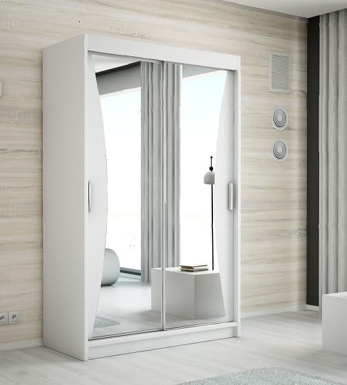 A&J MöbelLand Schwebetürenschrank NIKO Kleiderschrank 2-türig mit Spiegel, Garderobe 120 cm (Weiß), Stauraum