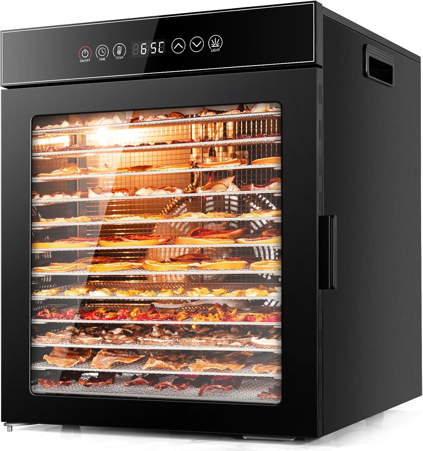 Kwasyo Dörrautomat Edelstahl Tisch, 900 W, 24 Stunden Timer, Dörrgerät 12 Etagen Ganz in Schwarz, 30-90 Temperaturregelung, LT-09