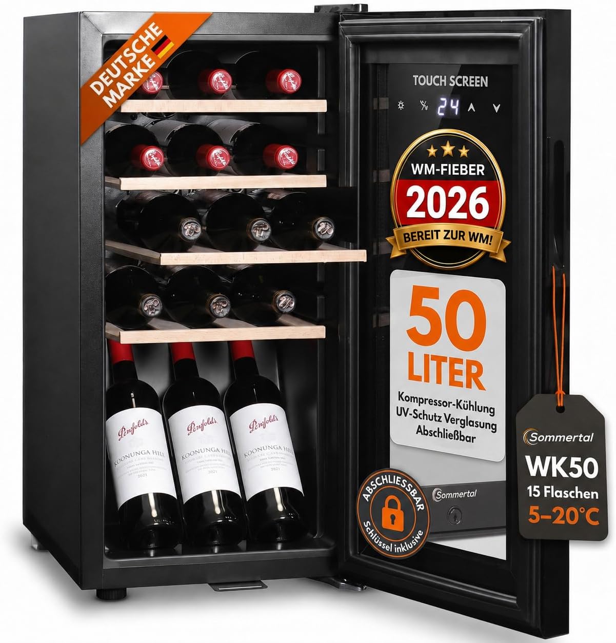 Sommertal Weinkühlschrank, LED-Beleuchtung, Display, Stauraum, 15 Flaschen, 5-20C einstellbar, 4 Holz-Einlegeböden