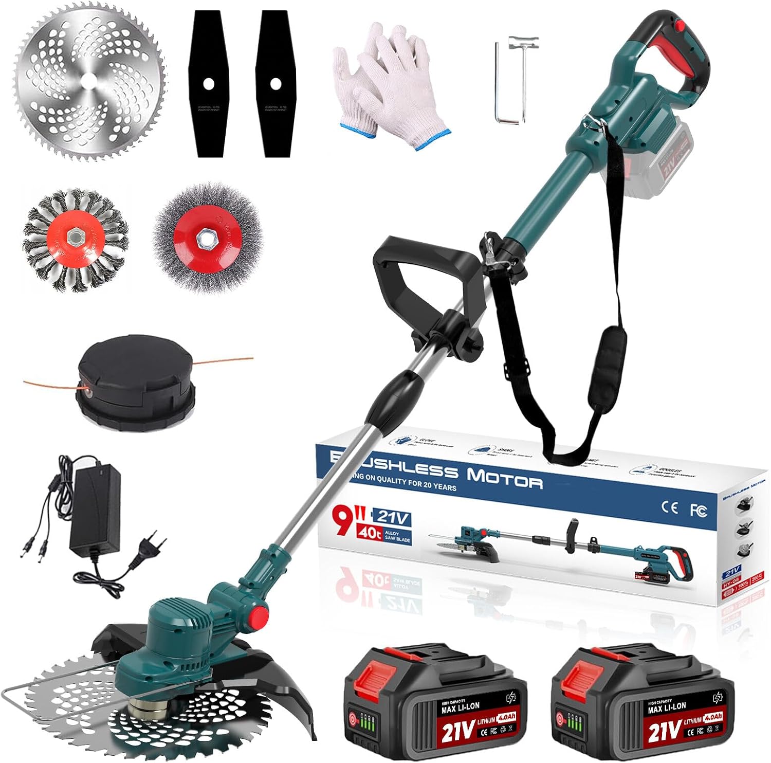 Rasentrimmer mit Akku 21V, 750 W Bürstenloser Motor, 4 in 1 Akku Rasentrimmer für Makita Akkus, 2 × 4.0Ah Akkus, verstellbar