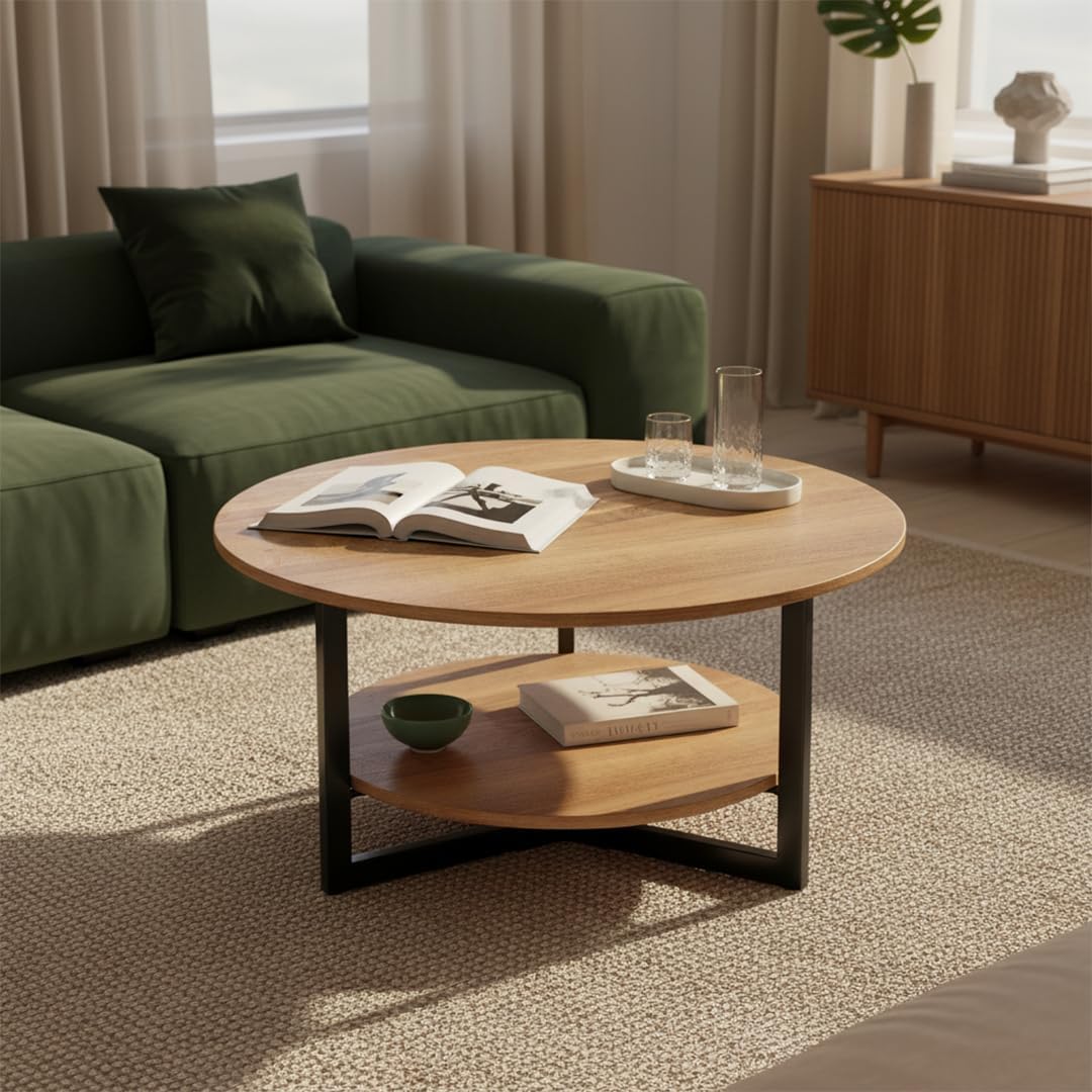 skølm Drakkar Couchtisch, Holztisch Wohnzimmer mit Stauraum, Wohnzimmertisch aus Massivholz Eiche & Metallgestell, Sofatisch mit 2 Ablagen
