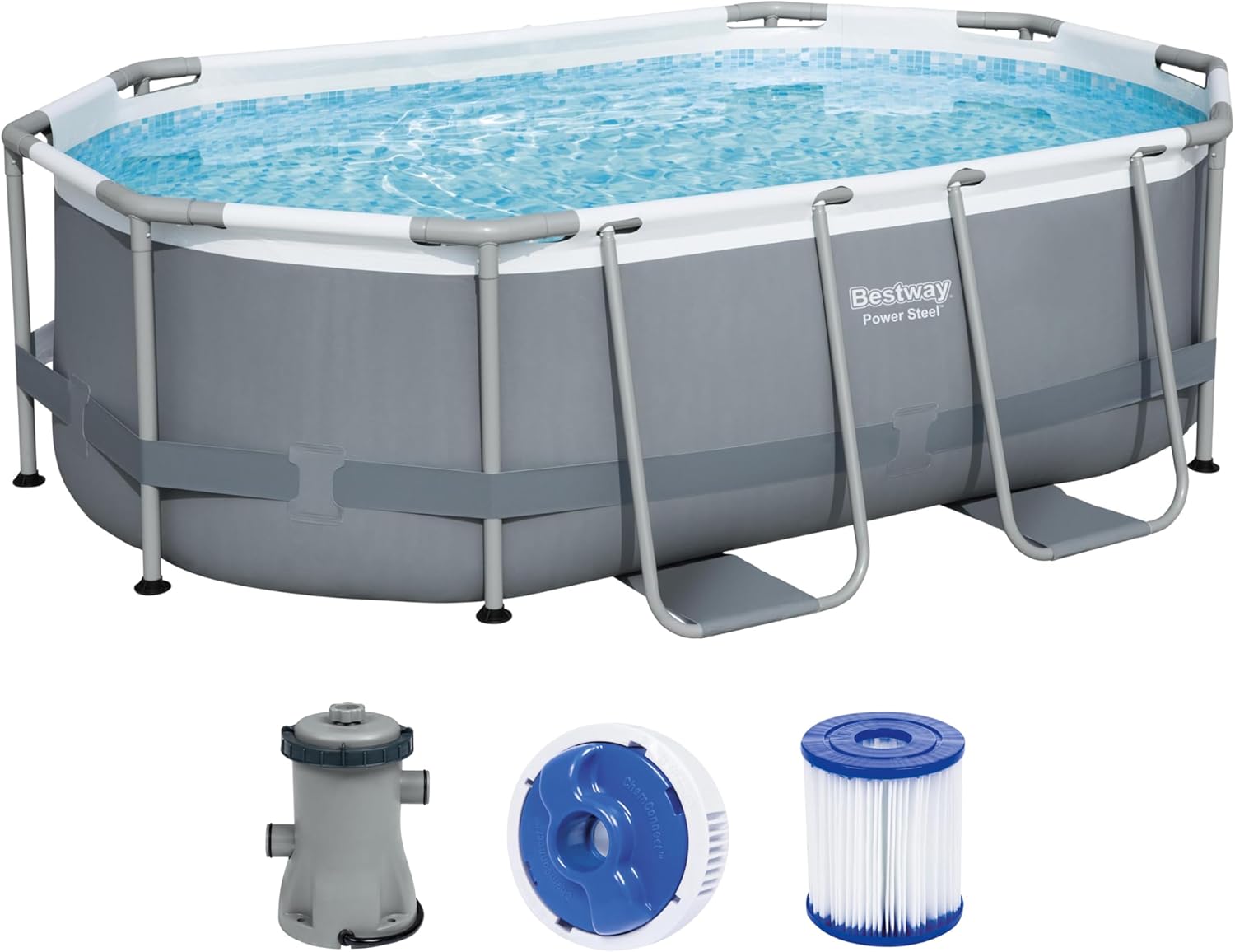 Bestway Power Steel Frame Pool, Filterpumpe 305 × 200 × 84 cm, 3.668 Liter, 5614A, Wasserkapazität zu 90% gefüllt: 3