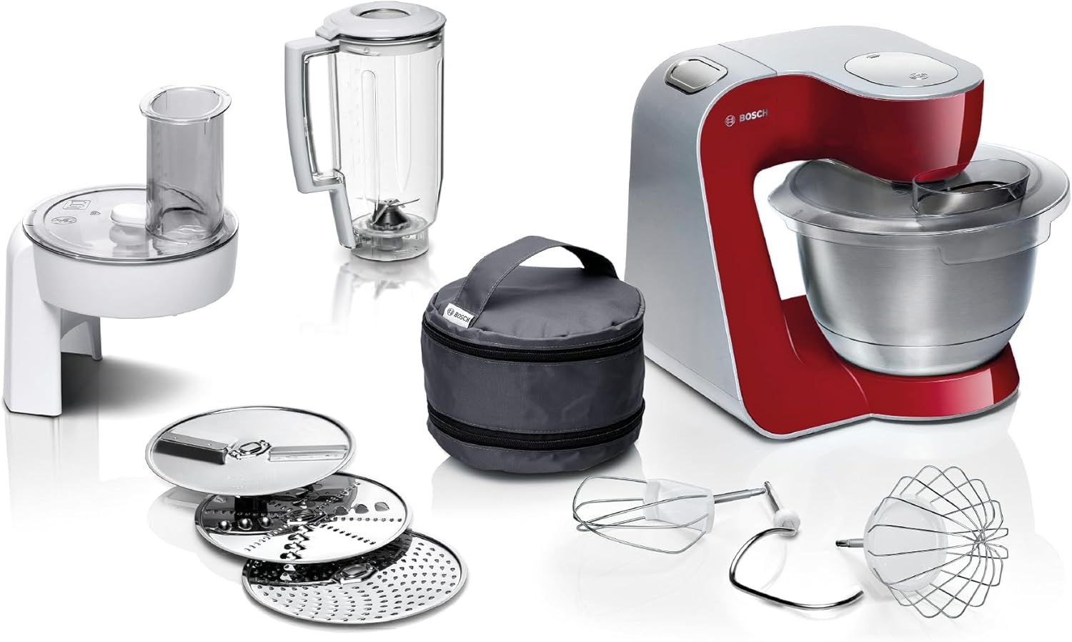 Bosch Küchenmaschine Serie 4 Tisch, Edelstahl-Schüssel 3,9 L spülmaschinenfest, Mixer 1,25 L, 1000 W, 3 Scheiben, MUM58720, 1.000 Watt