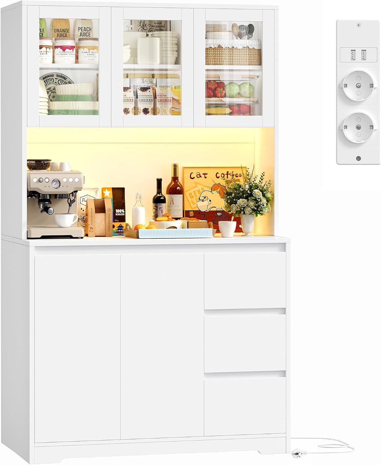 FirFurd 180 cm Küchenschrank Buffetschrank mit LED & Steckdosenleiste, Esszimmer 180 × 100 × 38,5 cm Weiß, LED-Beleuchtung, verstellbar