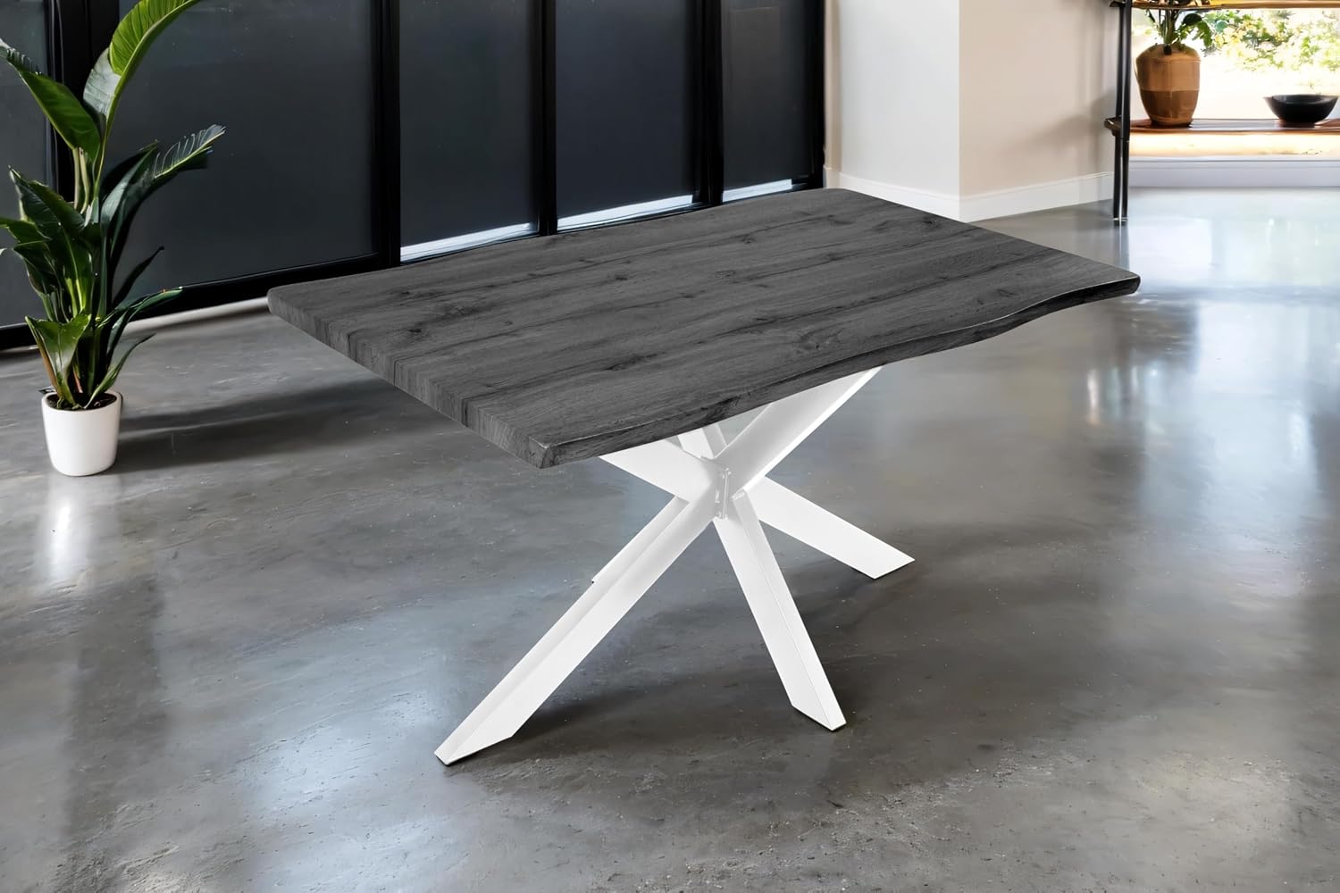 SAM Esstisch, 120 × 80 cm, Holz-Optik in Grau, Spider-Gestell Metall weiß, 40 mm Tischplatte mit Baumkante