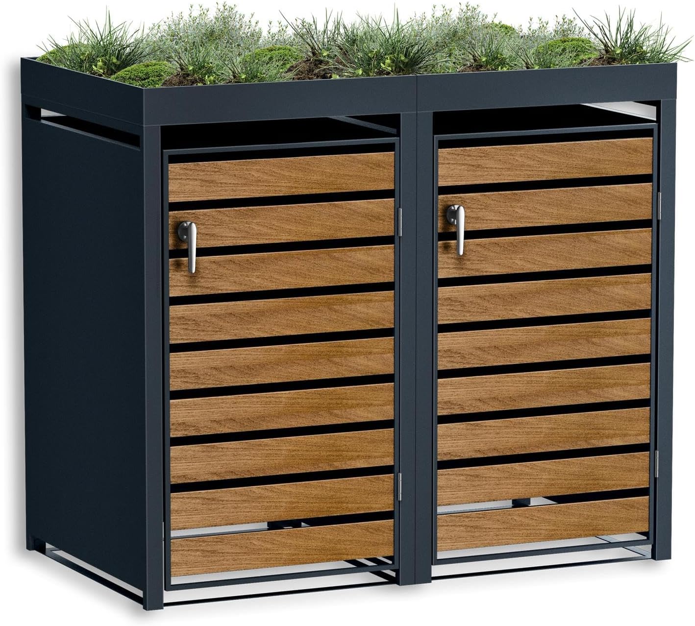 Metzler Mülltonnenbox 2er 240L in Anthrazit & Holzoptik mit Tisch, Mülltonnenverkleidung 2 Tonnen mit Automatikdeckel, wetterbeständig