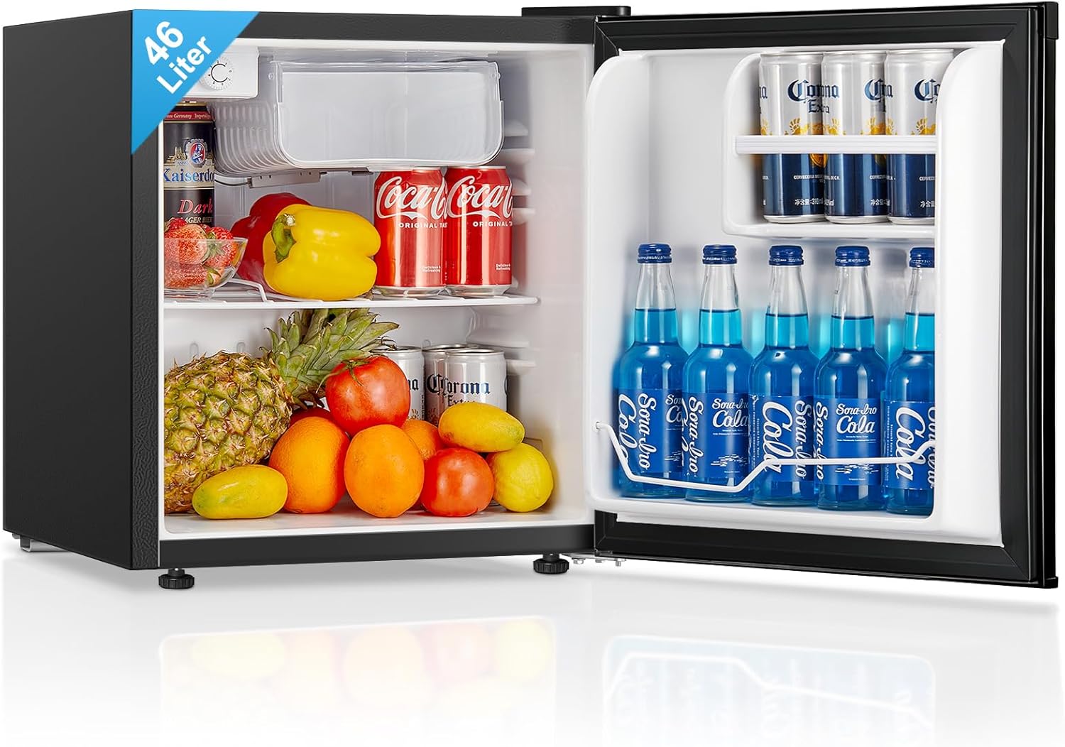 FOHERE Mini-Kühlschrank für Büro, Hotel und kleine Wohnung, 46 l, 7 Kühlstufen, 4-l-Schnellkühlzone, Türanschlag wechselbar, Schwarz